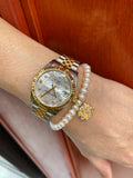 18K Yellow Gold Initial Round Diamond Cut Charm Pearl Bracelet