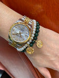 18K Yellow Gold Initial Round Diamond Cut Charm Pearl Bracelet