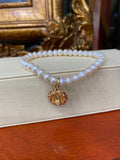 18K Yellow Gold Initial Round Diamond Cut Charm Pearl Bracelet