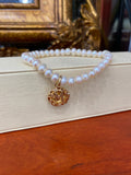 18K Yellow Gold Initial Round Diamond Cut Charm Pearl Bracelet