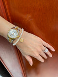 18K Yellow Gold Initial Round Diamond Cut Charm Pearl Bracelet