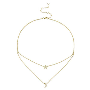 Moon and Star Diamond Yellow Gold Necklace